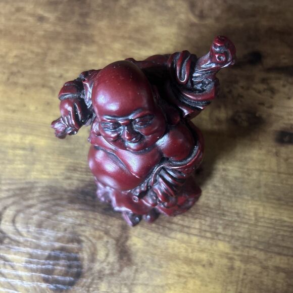 Buddha Vintage Laughing Fat Happy Figurine Red Dark Heavy 4" Carved Details MCM - Picture 6 of 11
